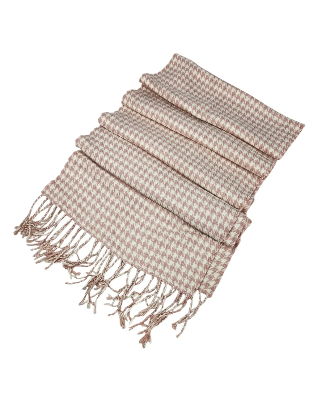 Women’s Pink & White Houndstooth Rectangle Scarf Wrap with Fringe 12 in Preppy